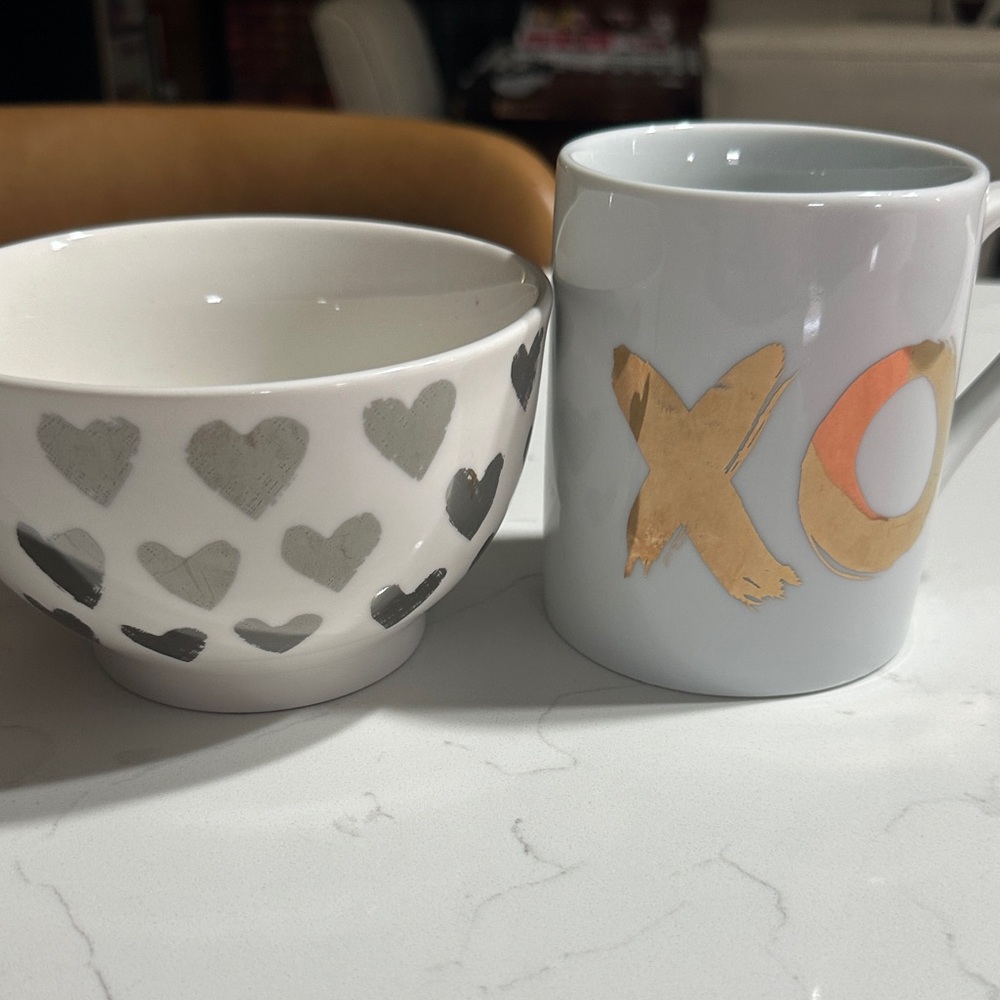 West Elm White and Gold XO Mug with Gray Heart Bowl